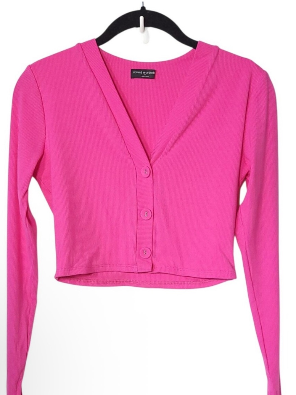 Naked Wardrobe Ribbed Crop Knit Cropped Cardigan Neon Pink